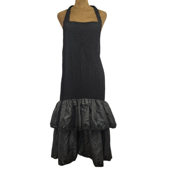Dresses & Skirts - Vintage 80s Drop Waist Midi Dress Black Formal Sequin Flare Size M Halter